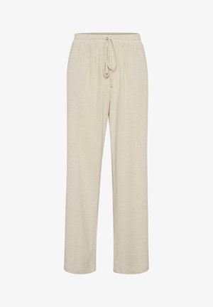 Bež lanene hlače z elastičnim pasom in nastavljivo vrvico, s straight-leg obliko in subtilno teksturo.