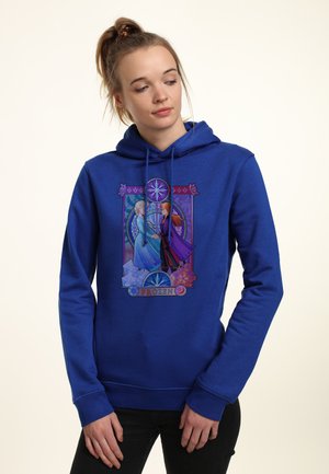 Felpa blu con stampa grafica di due personaggi di Frozen, circondati da accenti colorati e motivi a tema ghiaccio. Tessuto in misto cotone.