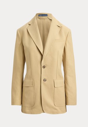 Beige linen blazer featuring a notched lapel, two-button closure, two front pockets, and a single chest pocket. Smooth texture, tailored fit.