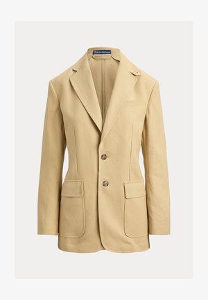 Smėlio spalvos lininis švarkas su iškirptu švarko atvartėliu, užsegamas dviem sagomis, turi du priekinius kišenes ir vieną krūtinės kišenę. Lygus tekstūros, pritaikytas kūno linijoms.