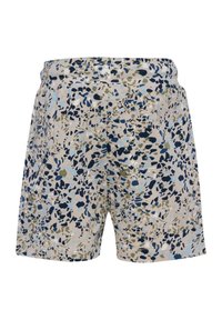 Korte broek gemaakt van lichtgewicht stof, met een beige achtergrond en een kleurrijk abstract patroon in blauw, groen en marineblauw.