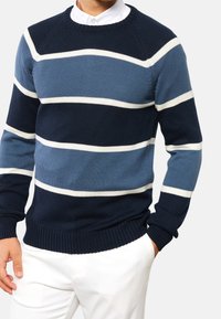 Blå och marinrandig tröja med vita accenter, ribbad krage och ärmslut, stickad textur, rundad nackdesign och avslappnad passform.