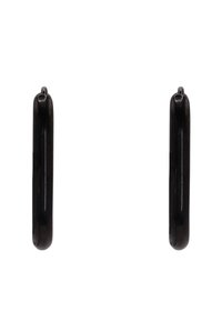 Orecchini in metallo nero con un design liscio e arrotondato. Forma semplice ed allungata con una finitura lucida. Nessun abbellimento o motivo aggiuntivo.