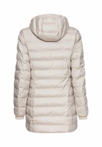 Lichtbeige gewatteerde jas met capuchon, voorzien van geborduurde secties, geribbelde mouwboorden en een gladde, glanzende afwerking.