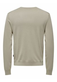 Licht beige langemouwen trui met een ronde hals en geribde boorden. Glad materiaal en eenvoudig ontwerp, voorzien van een klein merkteken aan de zijkant.