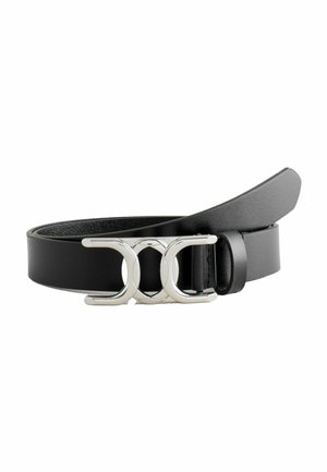 Cintura in pelle nera con una fibbia a catena in argento, caratterizzata da una superficie liscia e da un design classico. Adatta a varie taglie grazie alla sua cintura regolabile.