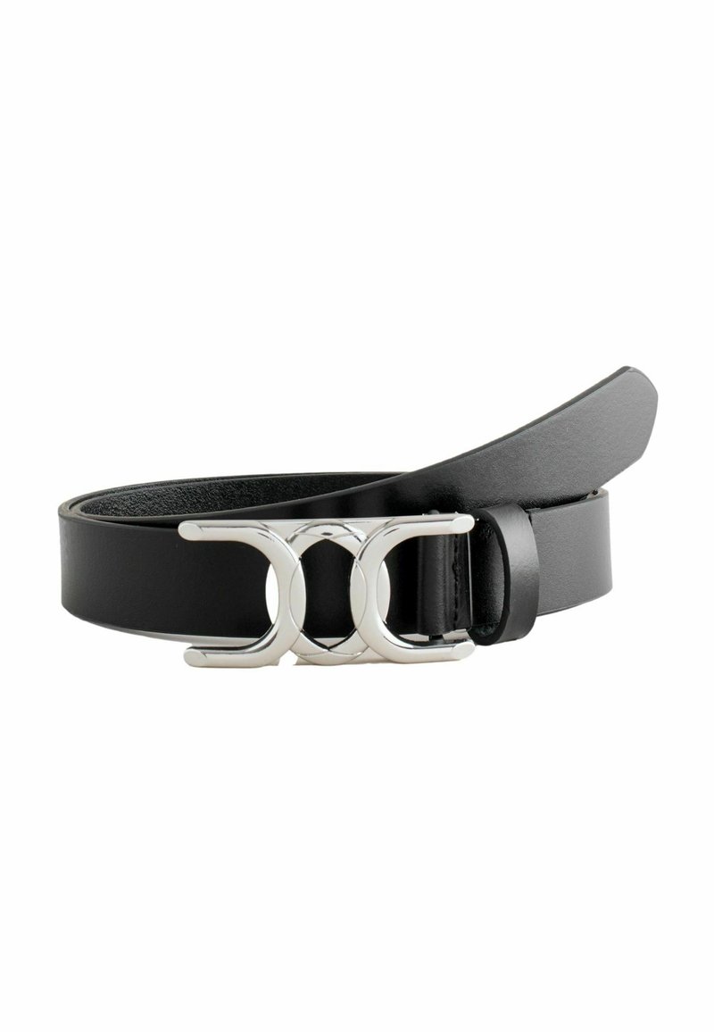 Curea din piele neagră cu o cataramă din verigă de argint, având o textură netedă și un design clasic. Se potrivește pentru diverse dimensiuni cu o curea ajustabilă.
