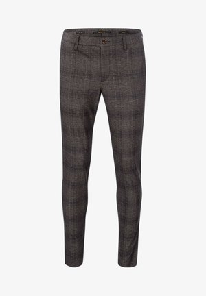 Grau gemusterte Hose aus gewebtem Stoff, mit schmaler Passform, Knopfverschluss und Taschen vorne. Vertikale und horizontale Karodesign.