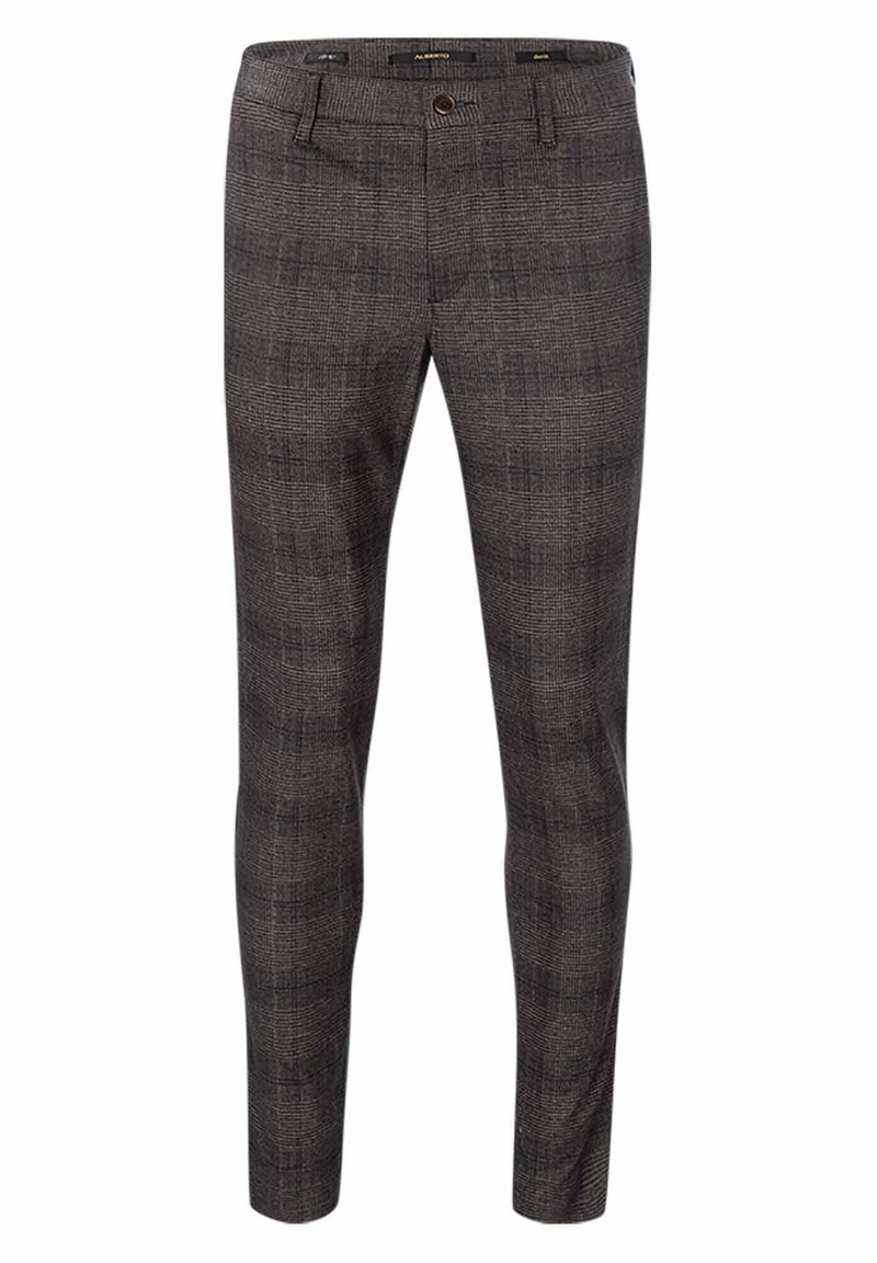 Grau gemusterte Hose aus gewebtem Stoff, mit schmaler Passform, Knopfverschluss und Taschen vorne. Vertikale und horizontale Karodesign.