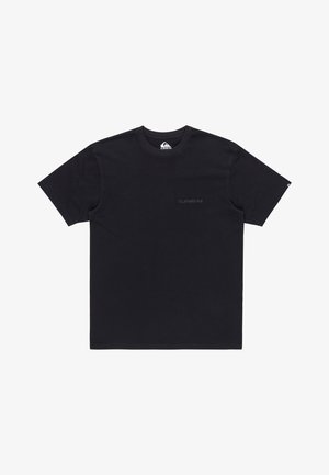 Czarny bawełniany T-shirt z okrągłym dekoltem, krótkimi rękawami i dyskretnym logo Quiksilver w ciemnoszarym kolorze z przodu. Gładka tekstura.