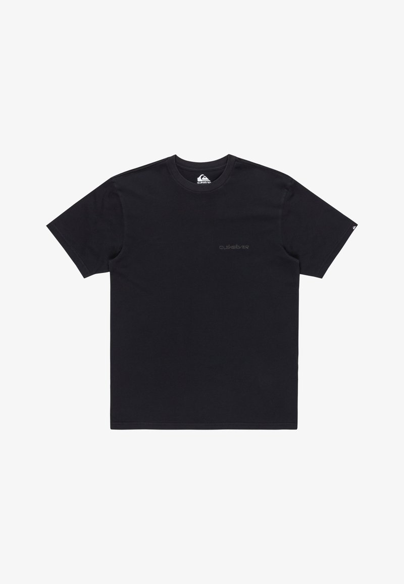Černé bavlněné tričko s kulatým výstřihem, krátkými rukávy a diskrétním logem Quiksilver v tmavě šedé barvě na přední straně. Hladká struktura.