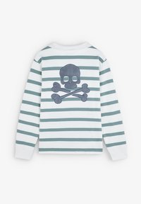 Langsleeve gestreepte shirt in wit en teal met een opvallende grijze doodskop en botten graphic op de achterkant, met ribgebreide manchetten en kraag.