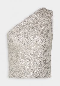 One-shoulder top featuring a silver sequined surface, fitted design, and textured pattern throughout. Elegant and shimmering finish.