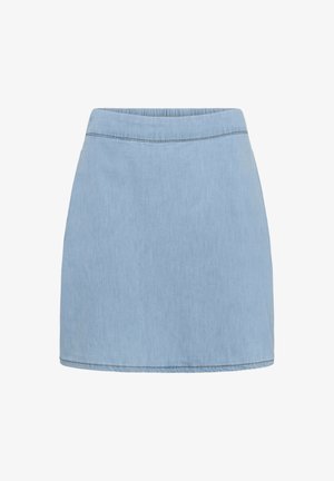Light blue denim mini skirt with elastic waistband and visible stitching along top and hem, plain front with no embellishments.