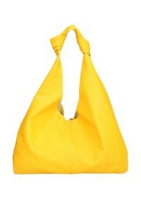 Gele leren schoudertas met een geknoopte hengsel, gladde textuur en een afgeronde vorm. Heeft een uitsparing aan de bovenkant voor gemakkelijke toegang.