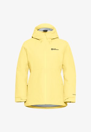 Gelbe wasserdichte Jacke mit einem Frontreißverschluss, verstellbarer Kapuze und Logo auf der Brust. Verfügt über Seitentaschen und elastische Bündchen.