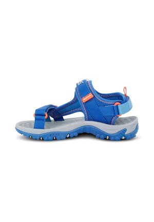 Sandalo outdoor blu e grigio con punta aperta, cinturini regolabili e suola texturizzata progettata per trazione e comfort.