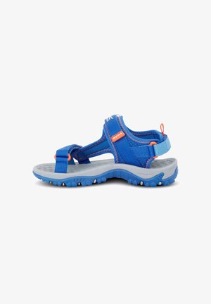 Blauwe en grijze open-toe outdoors sandal met verstelbare riemen en een gestructureerde zool ontworpen voor grip en comfort.