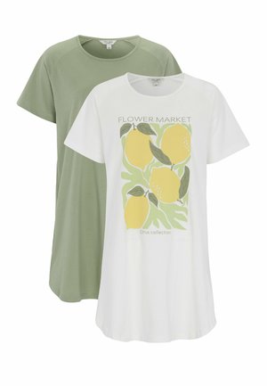 To T-shirts med korte ærmer, den ene ensfarvet salviegrøn, den anden hvid med gul citrongrafik og teksten "Flower Market Citrus Collection".