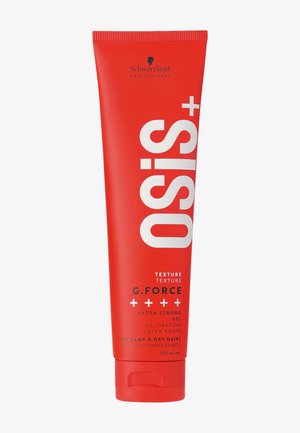 Tube souple rouge de gel extra fort Schwarzkopf Osis+ G-Force. Présente un texte blanc audacieux et un logo noir. Contient 150 mL de produit.