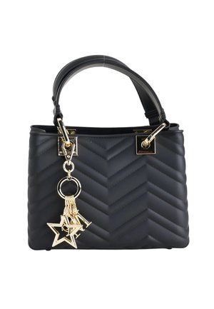 Borsa nera trapuntata con accessori dorati, manico superiore e ciondoli dorati a forma di stella.