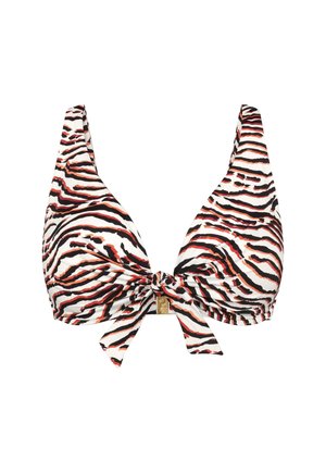 Kvinnebikinitopp med tigerstripemønster i svart, hvitt og rødt, med knytting og gullspenne midt foran.