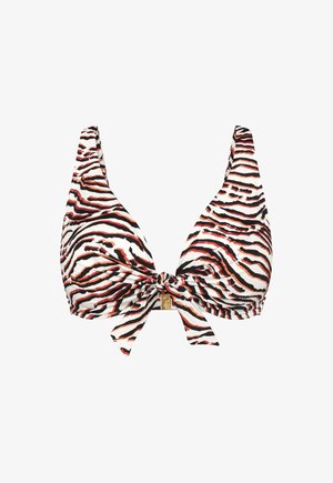 Kvinnebikinitopp med tigerstripemønster i svart, hvitt og rødt, med knytting og gullspenne midt foran.