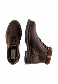 Brown leather ankle boots with a textured finish, featuring lace-up design, contrasting stitching, and a side zipper for easy wear.