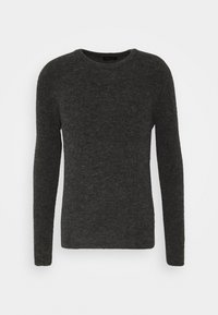 Maglione grigio scuro a maniche lunghe in un morbido tessuto a maglia testurizzato. Presenta un collo tondo e un design semplice e lineare senza hardware visibile.