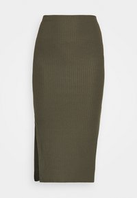 Zelenohnědá žebrovaná midi sukně s vysokým pasem a bočním rozparkem pro snadný pohyb. Hladká textura s vertikálními pruhy po celé délce.