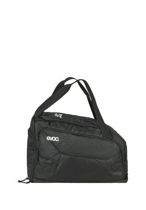 Borsa da viaggio morbida in tessuto nero con doppie cinghie per spalle e tasca laterale con cerniera, marchiata "evoc" in testo bianco.