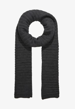 Écharpe en maille côtelée gris foncé, pliée en boucle avec deux longues extrémités pendant droit vers le bas.