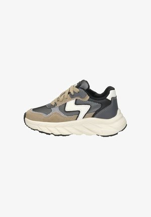 Sneakers featuring a combination of gray mesh, suede, and white accents. Thick white sole with textured tread; beige and gray color scheme.