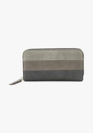 Gray leather wallet with a zip closure. Features three horizontal bands in varying shades of gray, smooth texture, and a metal logo accent.