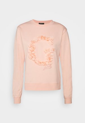 Felpa crewneck rosa chiaro con maniche lunghe, caratterizzata da un grande logo testurizzato "G" e "Guess" sul davanti.
