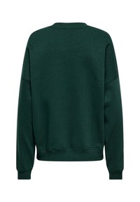 Felpa verde scuro, realizzata in tessuto morbido, con collo girocollo, maniche lunghe e polsini e bordo a costine; semplice, senza motivi visibili.