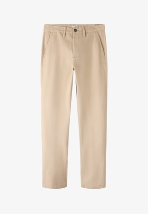 Pantalon en coton beige avec une coupe droite, poches avant et fermeture à un bouton. Texture lisse sans motifs visibles.