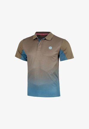 Kurzarm-Polohemd mit einem braun-blauen Farbverlaufsmuster, einfarbigen blauen Ärmeln und einem Kragen mit kleinem Logo auf der Brust.