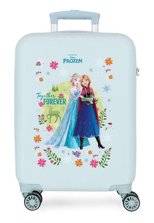 Maleta azul clara con personajes de Disney Frozen, Elsa y Anna, con diseños de flores y copos de nieve, y texto "Juntas para siempre".
