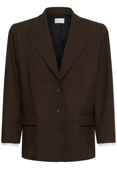 Blazer à carreaux marron avec revers crantés, deux boutons, poches à rabat et doublure intérieure noire, étiqueté Gestuz.