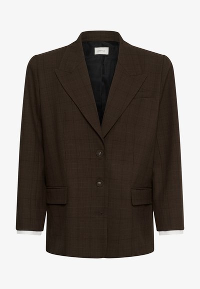 Blazer à carreaux marron avec revers crantés, deux boutons, poches à rabat et doublure intérieure noire, étiqueté Gestuz.