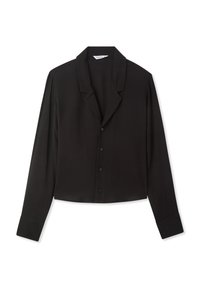 Maglietta nera a maniche lunghe cropped con colletto a punte e chiusura con bottoni. Tessuto liscio con una leggera lucentezza, dotata di bottoni neri e polsini.