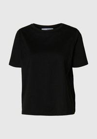 Svart kortärmad t-shirt i bomull med rund halsringning och avslappnad passform. Har en slät yta och sidsömmar. Inga mönster eller dekorationer.