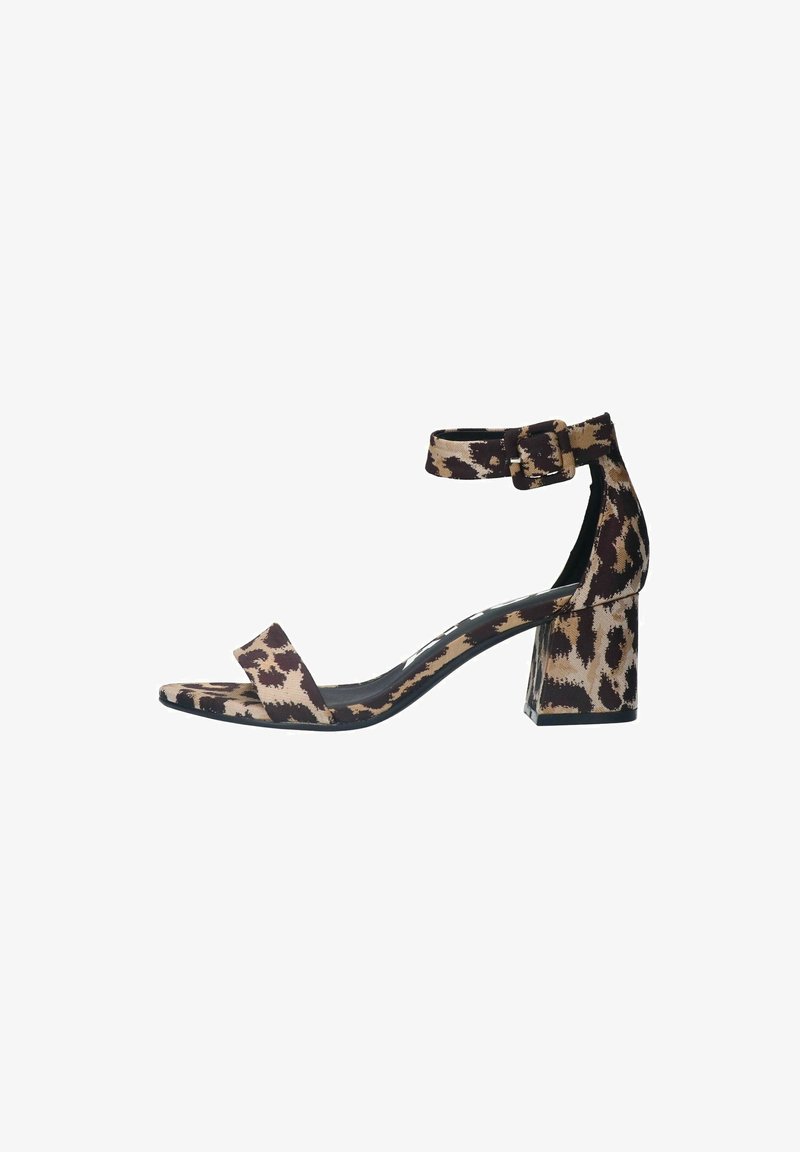 Leopard print ankle strap sandal with a square toe and block heel. Features a black sole and textured fabric in tan and dark brown.