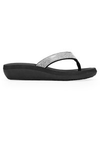 Infradito neri con suola testurizzata, dotati di una fascia decorata con strass. Soletta sagomata per comfort e supporto.