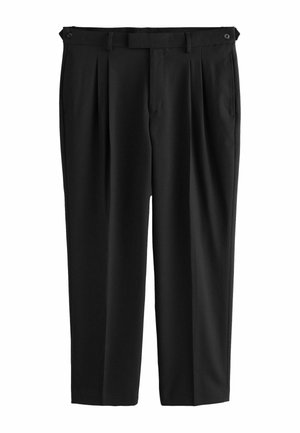 Black, pleated trousers with a straight leg design. Features a waistband with a belt loop, button closure, and smooth, woven fabric texture.