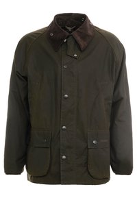 Dark green waxed cotton jacket with a brown corduroy collar, snap button front, and two front pockets. Simple design, long sleeves.