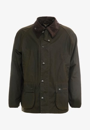 Tume roheline vahakotita jope, millel on pruun puuvillane krae, trukiga esitasku ja kaks eesmist taskut. Lihtne disain, pikad varrukad.