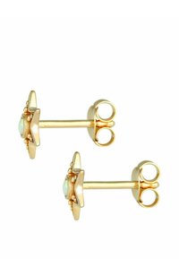 Goldene sternförmige Ohrringe mit einem zentralen mintgrünen Stein, ergänzt durch Perlenakzente und eine glatte Metalloberfläche. Mit Steckverschluss.