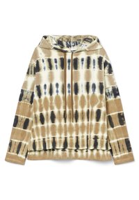 Hoodie beige e marrone tie-dye con maniche lunghe, cappuccio regolabile con cordino e tasca frontale. Tessuto morbido con una vestibilità rilassata.